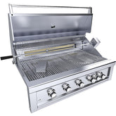 Close-up of the Sunstone Ruby 42" 5 Burner Built-In Grill features including cooking grids and control panel with LED lights.